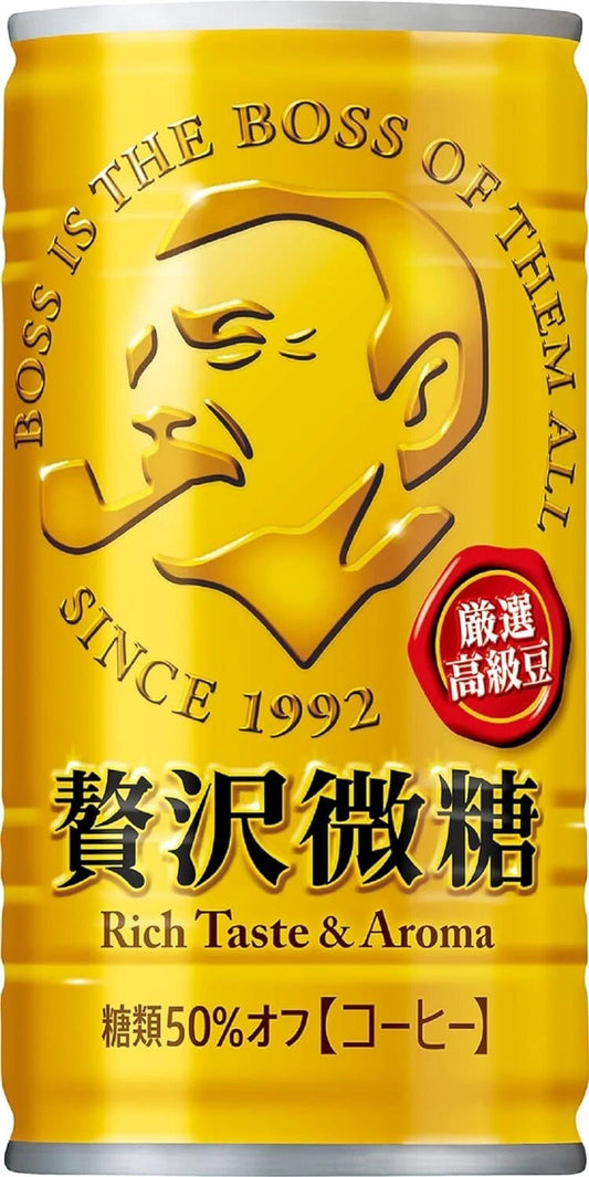 Front-facing portrait image of SUNTORY Boss Less Sugar Rich Coffee 185g can, closed and upright on a white background, showing the rich coffee design.