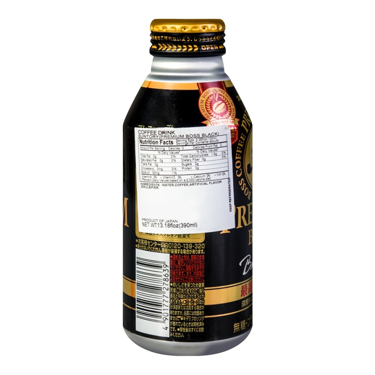 A back-facing portrait view of the SUNTORY BOSS Premium Black Coffee 13.18 fl oz bottle can, displaying all back-of-label product details on a clean white background.