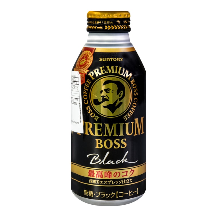 A front-facing portrait image of the sealed SUNTORY BOSS Premium Black Coffee 13.18 fl oz bottle can, showing the full black-and-gold label design clearly against a white background.
