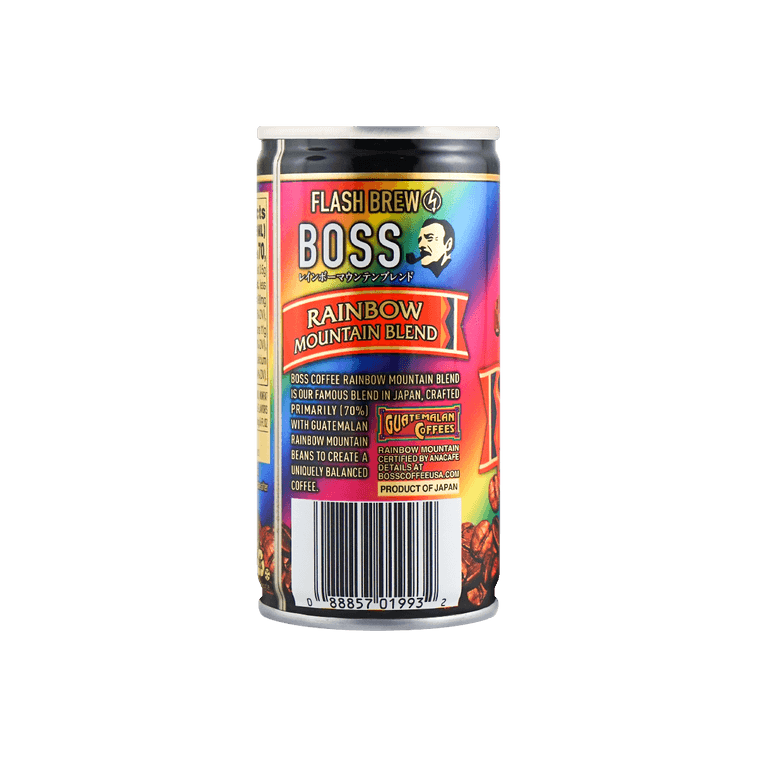 Back-facing view of the SUNTORY BOSS Rainbow Mountain Blend 6oz canned coffee, showing the full rear label clearly on a white background.