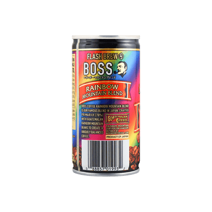 Back-facing view of the SUNTORY BOSS Rainbow Mountain Blend 6oz canned coffee, showing the full rear label clearly on a white background.