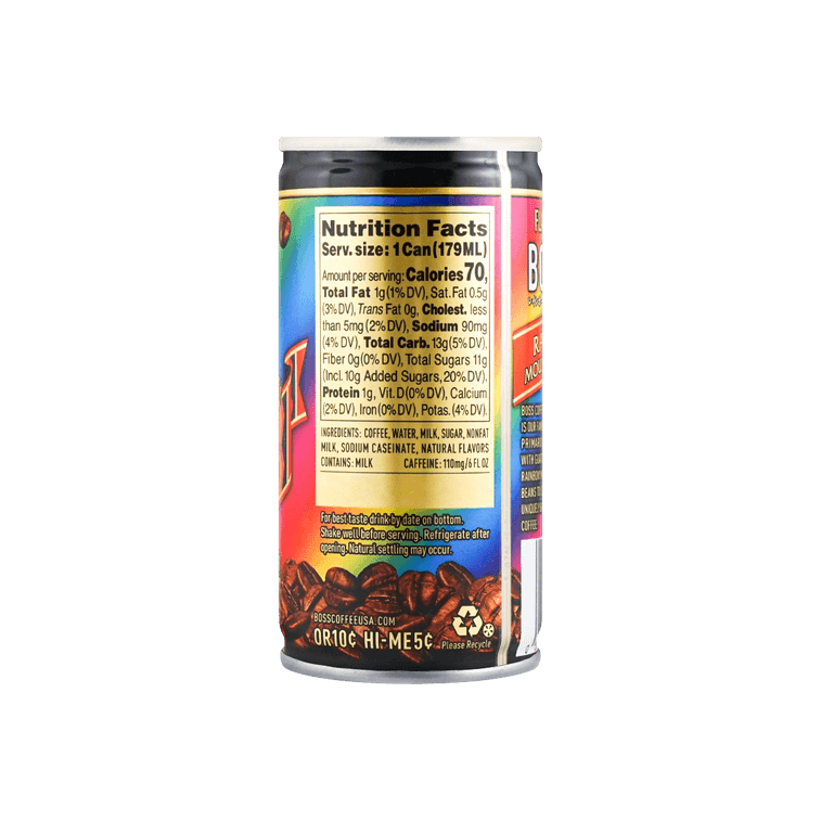 Close-up image of the SUNTORY BOSS Rainbow Mountain Blend coffee nutrition label, shown straight-on with the text clear and centered against a white background.