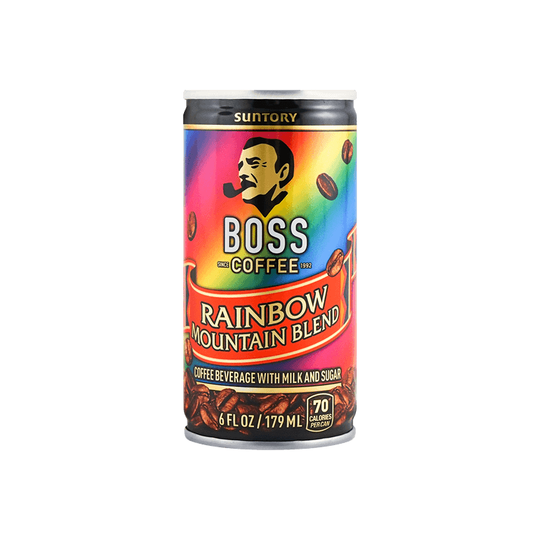 Front-facing image of the SUNTORY BOSS Rainbow Mountain Blend coffee can, shown closed in a portrait orientation with full graphics visible against a clean white background.