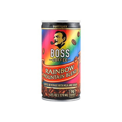Front-facing image of the SUNTORY BOSS Rainbow Mountain Blend coffee can, shown closed in a portrait orientation with full graphics visible against a clean white background.