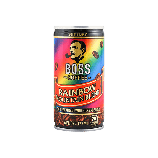 Front-facing image of the SUNTORY BOSS Rainbow Mountain Blend coffee can, shown closed in a portrait orientation with full graphics visible against a clean white background.