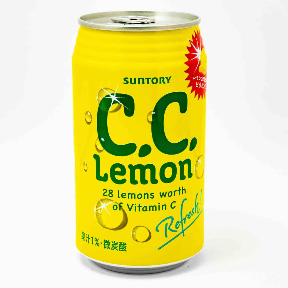 Front-facing portrait image of the Suntory C.C Lemon 350ml can, closed and standing upright on a clean white background, showing the bright yellow lemon-themed design clearly.