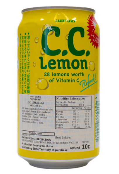 Back-facing image of the Suntory C.C Lemon 350ml can on a white background, displaying the product information and back label details.