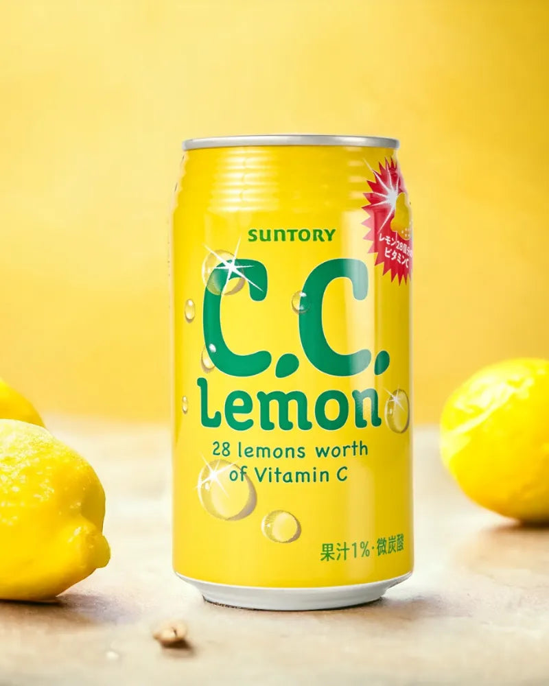Image of the Suntory C.C Lemon 350ml can placed alongside a fresh lemon on a white background, highlighting its citrus flavor and refreshing character.