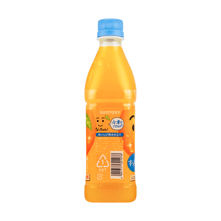 Back view of the SUNTORY Natchan Orange 425ml bottle, upright and uncropped, displaying the complete back label clearly against a clean white background.
