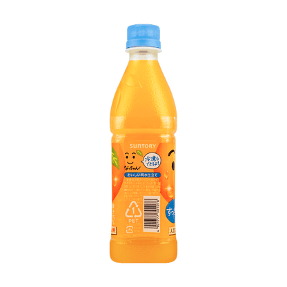 Back view of the SUNTORY Natchan Orange 425ml bottle, upright and uncropped, displaying the complete back label clearly against a clean white background.