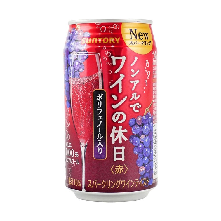 Front-facing image of the Suntory Non-Alcoholic Sparkling Red Wine can from a slight angle on a white background, showing the glossy finish and label details.