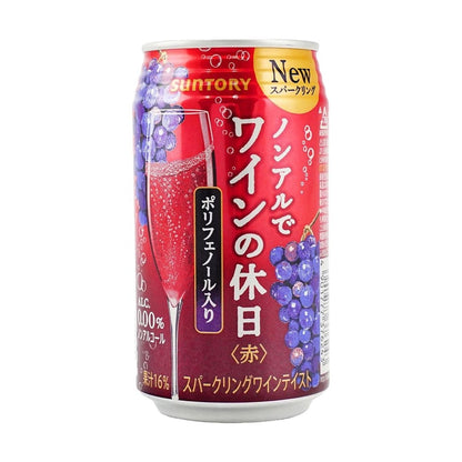 Front-facing image of the Suntory Non-Alcoholic Sparkling Red Wine can from a slight angle on a white background, showing the glossy finish and label details.