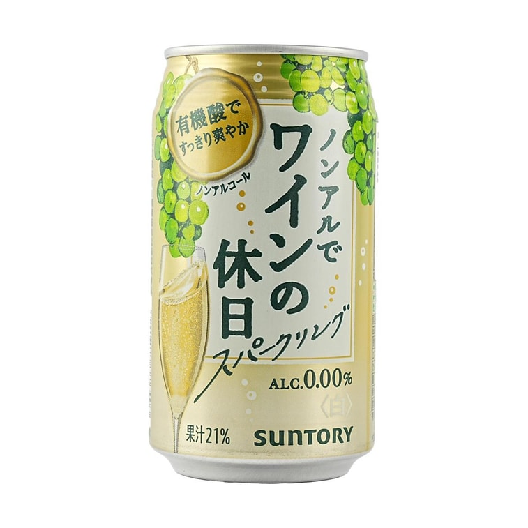 A front-facing portrait image of the Suntory Non-Alcoholic Sparkling White Wine 350ml can against a clean white background, showing its elegant white wine–inspired design.