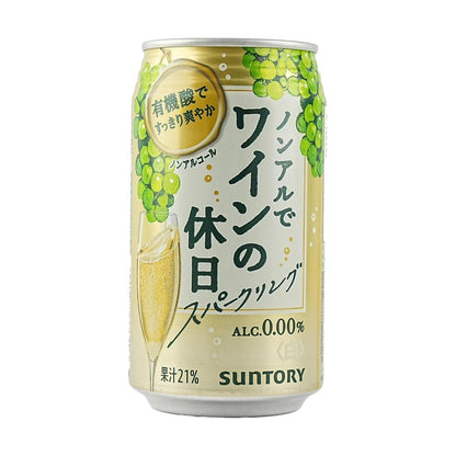 A front-facing portrait image of the Suntory Non-Alcoholic Sparkling White Wine 350ml can against a clean white background, showing its elegant white wine–inspired design.