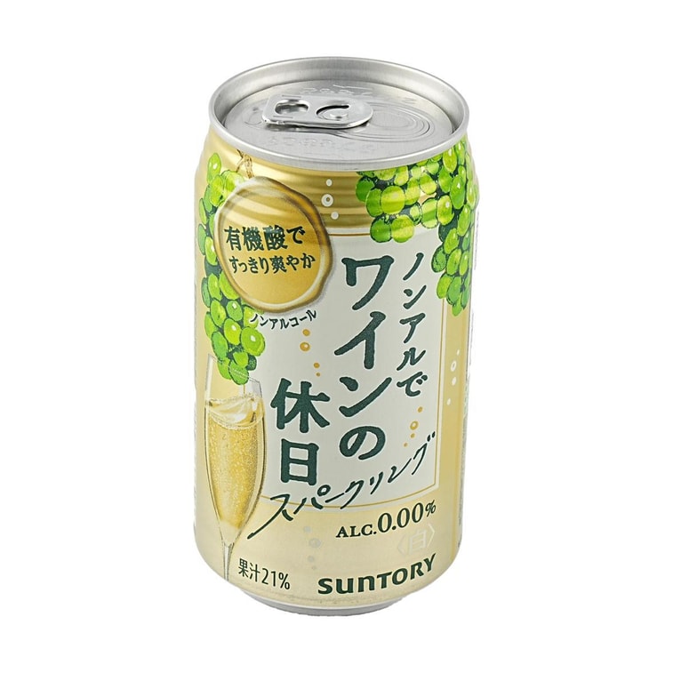 A front-facing image of the Suntory Non-Alcoholic Sparkling White Wine can photographed from a slight angle on a white background, highlighting the metallic finish and label details.