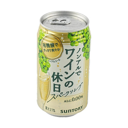 A front-facing image of the Suntory Non-Alcoholic Sparkling White Wine can photographed from a slight angle on a white background, highlighting the metallic finish and label details.