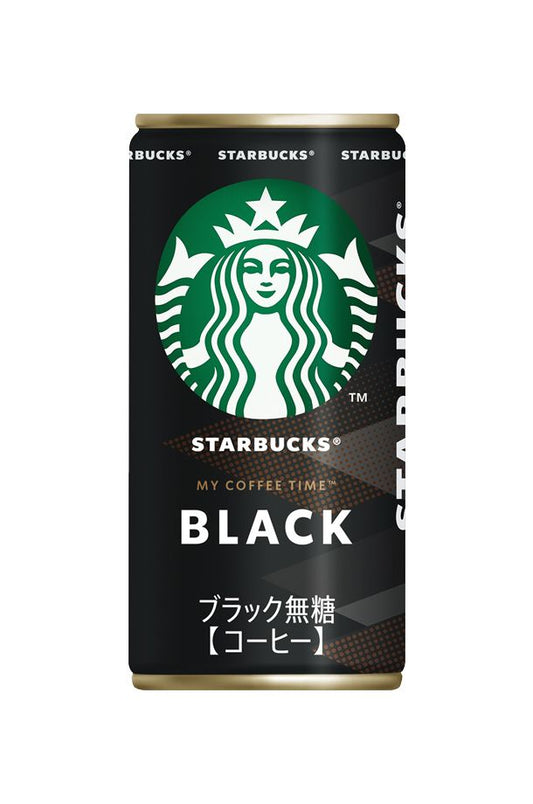 A front-facing portrait image of the Suntory Starbucks Black Coffee 185g can against a clean white background, showing its sleek black design and Starbucks branding.