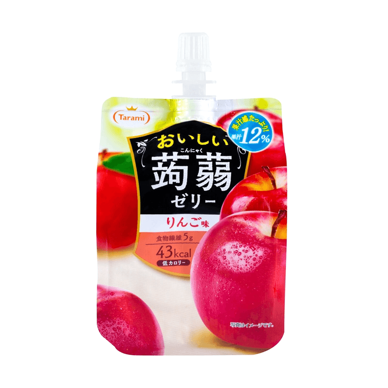 Front view of the TARAMI Jelly Drink Apple Flavor 150g pouch, showing the sealed package with bright apple graphics and a squeeze-cap top against a clean white background.