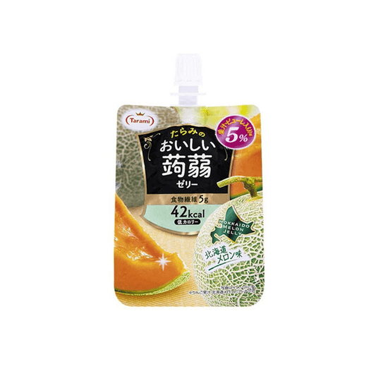 Front view of the TARAMI Suction Jelly Hokkaido Melon Flavor 150g pouch, showing the sealed package with bright melon graphics and a squeeze-cap design against a clean white background.
