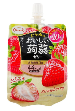 Front-facing image of TARAMI konjac jelly drink in strawberry flavor, showing a closed 5.2 oz pouch with colorful fruit graphics displayed flat on a white background.