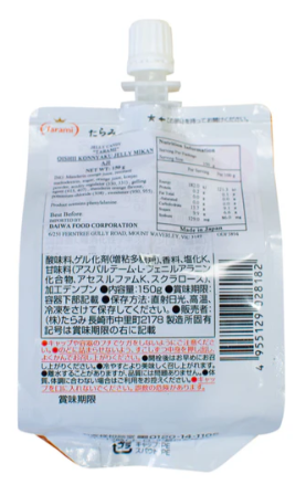 Back view of the TARAMI Konnyaku Jelly Mikan pouch, displaying product information and preparation details on the unopened package against a white background.