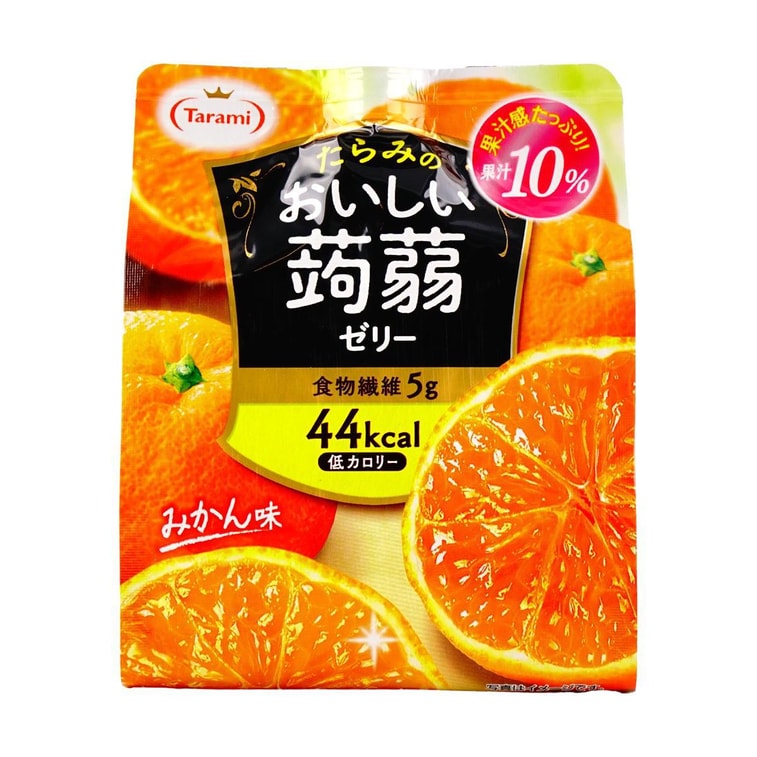 Front view of the TARAMI Konnyaku Jelly Mikan pouch, showing the sealed package with bright mandarin orange graphics and konnyaku jelly branding against a clean white background.