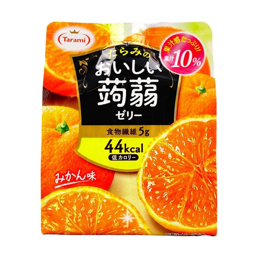 Front view of the TARAMI Konnyaku Jelly Mikan pouch, showing the sealed package with bright mandarin orange graphics and konnyaku jelly branding against a clean white background.