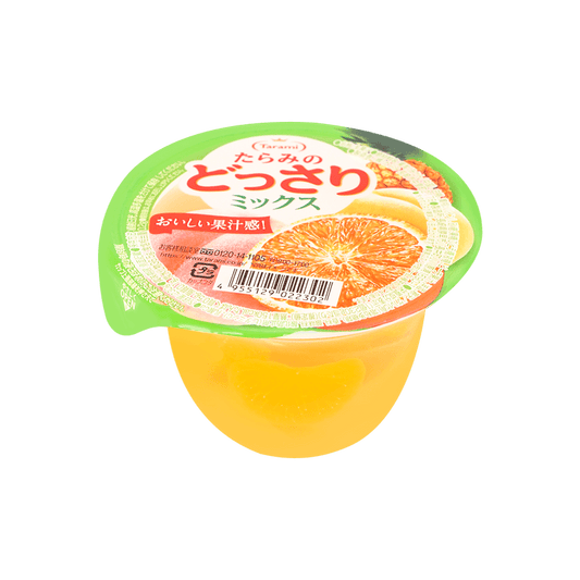 Front-facing Tarami Dossari Mixed Fruit Jelly 8.11 oz cup shown closed in a portrait shot against a clean white background, displaying the full front label, graphics, and fruit imagery clearly.