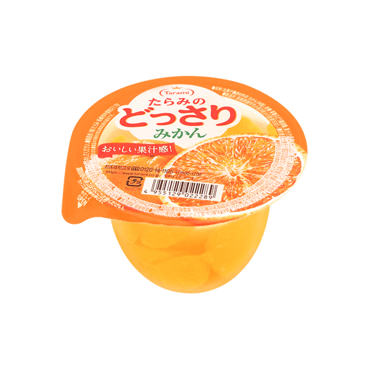 Front-facing Tarami Dossari Orange Jelly 8.11 oz cup shown closed in a portrait shot on a clean white background, with the full front label, graphics, and mandarin fruit imagery clearly visible.