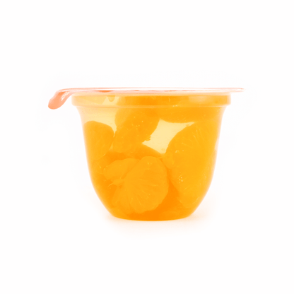 Full-view image of the Tarami Dossari Orange Jelly 8.11 oz cup displayed upright and closed in a portrait orientation on a white background, showing the complete container without any cropping.