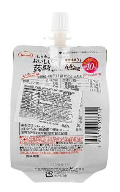 Back view of the TARAMI konjac jelly drink pouch, fully closed and shown flat with product information visible on a white background.