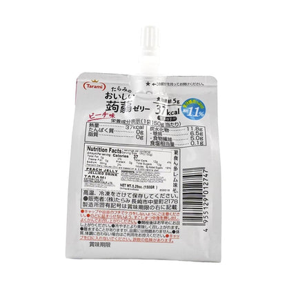 Back view of the TARAMI Jelly Drink White Peach Flavor 150g pouch, displaying product information and usage instructions on the unopened package against a white background.