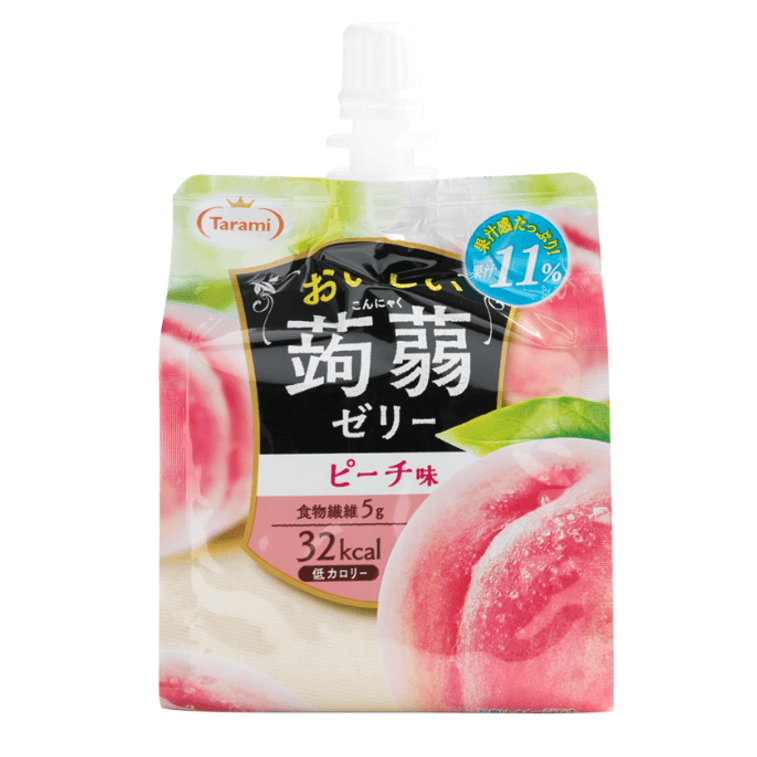 Front view of the TARAMI Jelly Drink White Peach Flavor 150g pouch, showing the sealed package with soft peach-colored graphics and a squeeze-cap design against a clean white background.