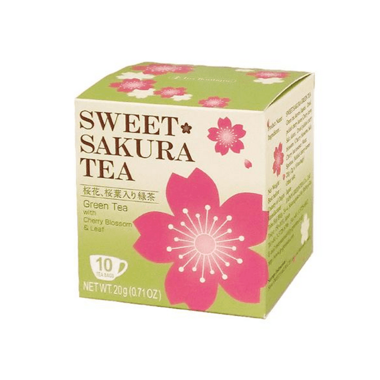 Angled front-facing image of the TEA BOUTIQUE Sweet Sakura Tea Green Tea box, shown closed in a square format with the full front design, sakura graphics, and text clearly visible against a white background.