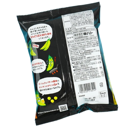 Back-facing view of the closed TOHATO Beano edamame garlic butter snack bag in a vertical portrait layout, showing tall product text on a white background.