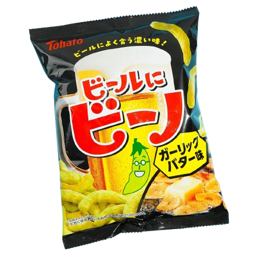 Front-facing view of the TOHATO Beano edamame garlic butter savory snack bag, shown closed in a portrait orientation against a clean white background.