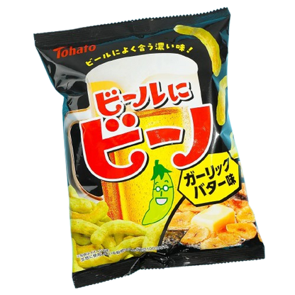 Front-facing view of the TOHATO Beano edamame garlic butter savory snack bag, shown closed in a portrait orientation against a clean white background.