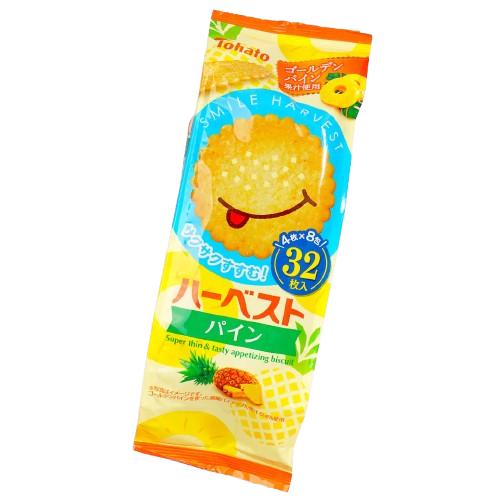 Portrait shot of the TOHATO Harvest Super Thin Pineapple Biscuit package, shown closed with tall text visible, positioned slightly differently against a white background.