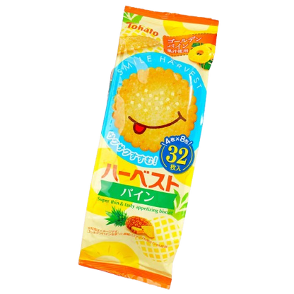Portrait shot of the TOHATO Harvest Super Thin Pineapple Biscuit package, shown closed with tall text visible, positioned slightly differently against a white background.