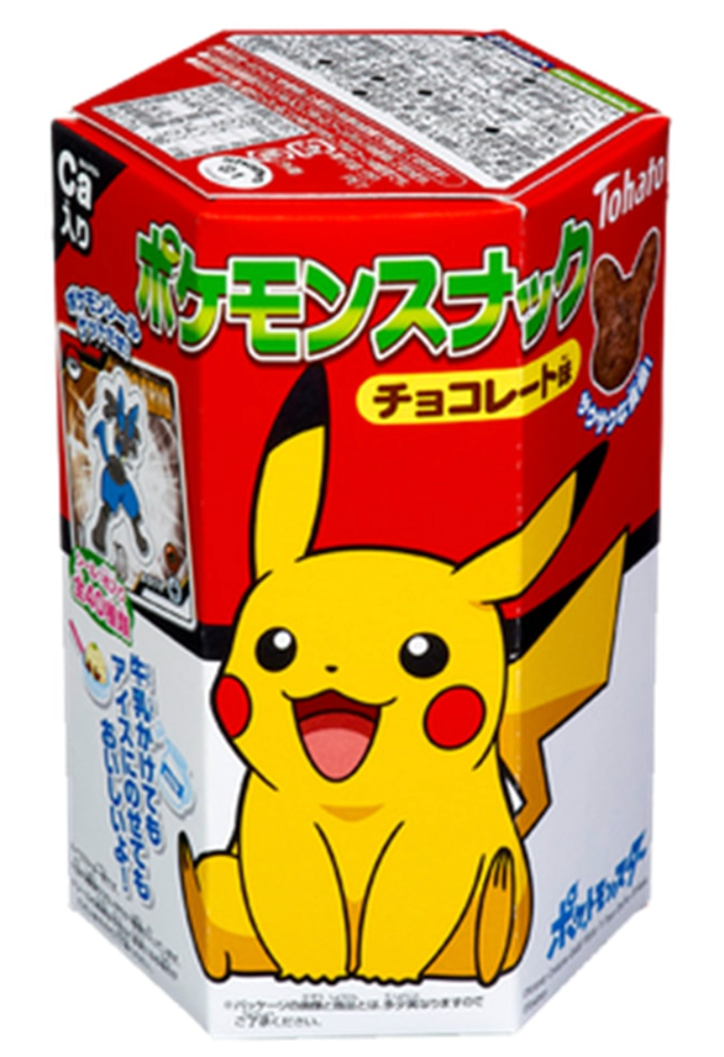 Front-facing portrait image of the TOHATO Pokémon chocolate snack box, closed, with the character-themed design displayed clearly against a white background.