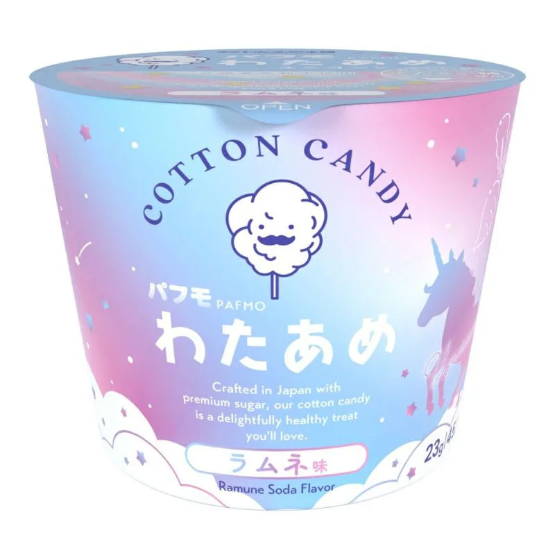 Front-facing view of the TOKYO WATAAME HONPO Pafmo Unicorn Cotton Candy bag, sealed and upright, featuring playful unicorn-themed artwork and Ramune soda popping candy details on a white background.