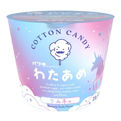 Front-facing view of the TOKYO WATAAME HONPO Pafmo Unicorn Cotton Candy bag, sealed and upright, featuring playful unicorn-themed artwork and Ramune soda popping candy details on a white background.