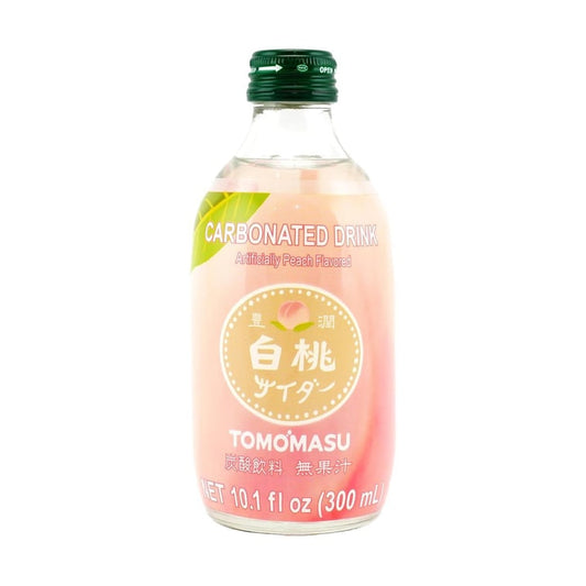 Front-facing Tomomasu White Peach Cider 10.14 fl oz bottle shown closed in a landscape shot against a clean white background, displaying the full front label and graphics clearly.
