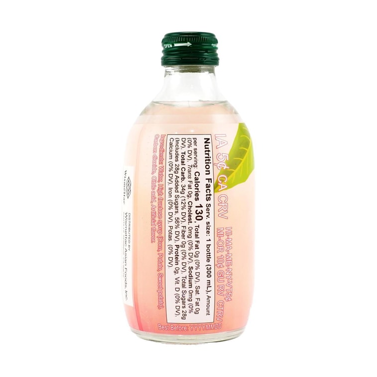 Close-up straight-on shot of the Tomomasu White Peach Cider nutrition label, shown clearly against a white background with all nutritional information fully readable.