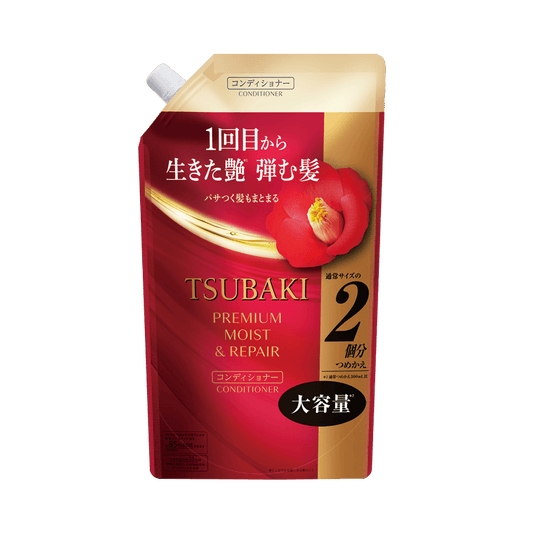 Front-facing portrait image of the TSUBAKI Premium Moist Repair Conditioner Refill 600ml pouch, shown closed with full front graphics and branding clearly visible against a clean white background.