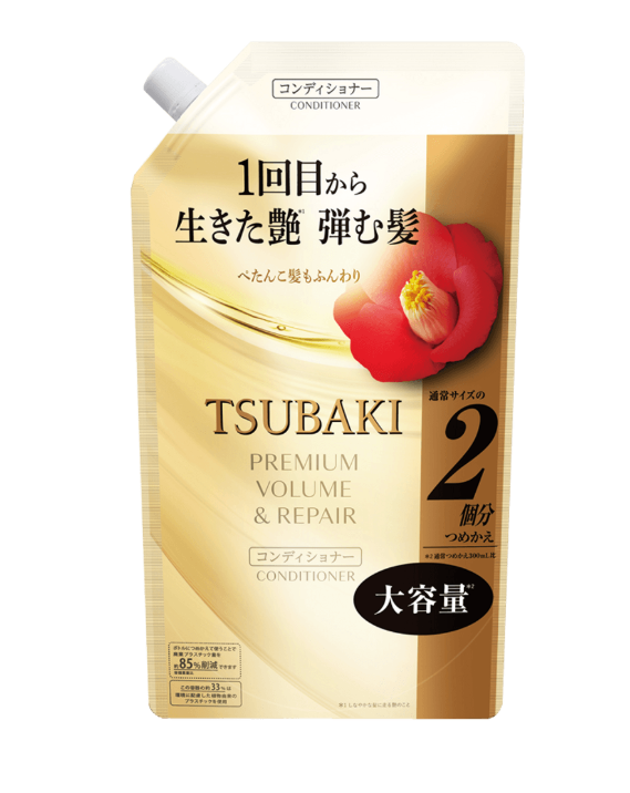 A front-facing portrait image of the closed TSUBAKI Premium Volume & Repair Conditioner Refill 600ml pouch on a white background, showing the product’s label and design clearly.