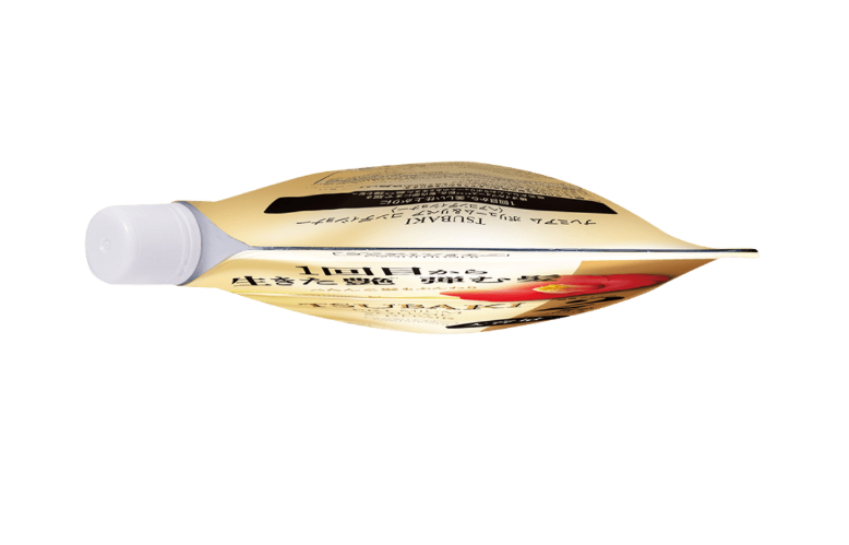 A top-facing portrait shot of the closed TSUBAKI Premium Volume & Repair Conditioner Refill 600ml pouch on a white background, showing the top seal and refill spout area.