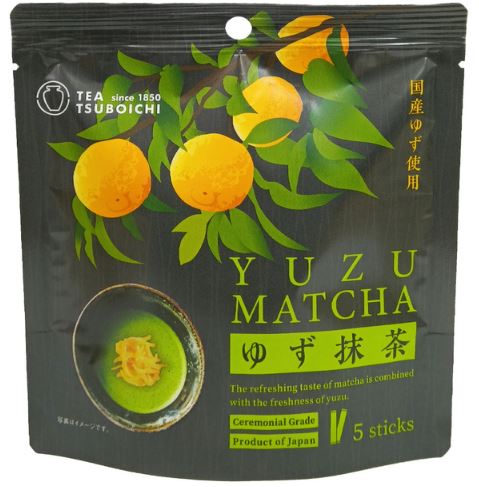Front-facing view of the TSUBOICHI Yuzu Matcha Stick 50g pouch, shown upright with full graphics visible on a clean white background.