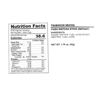 Close-up of the TSUBOICHI Yuzu Matcha Stick nutrition label, photographed straight on with clear, readable text against a white background.