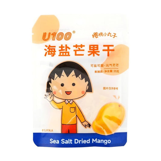 Front-facing portrait image of the U100 Chibi Maruko-chan Dried Mango with Sea Salt 35g bag, closed and upright on a clean white background, featuring the colorful character-themed packaging.